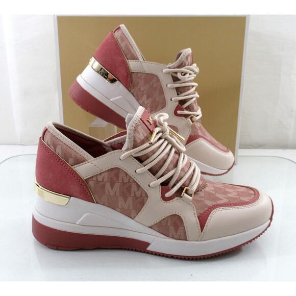 Michael Kors Liv Trainer Wedge Lace Up Sneaker MK Degrade Jacquard Fawn - Picture 3 of 9